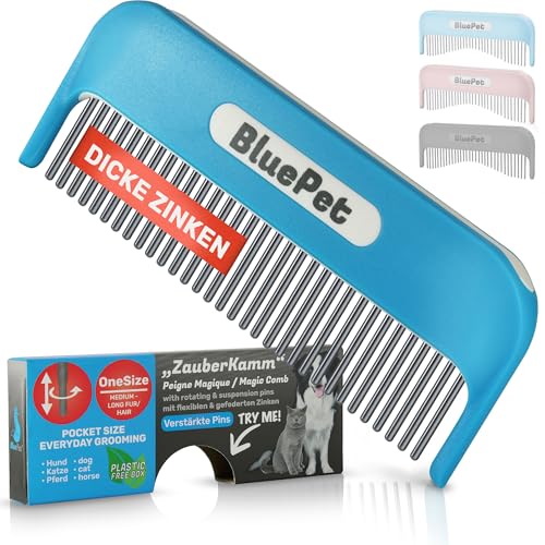 BluePet Pettine magico brevettato con denti rotanti e flessibili I Rimuove delicatamente i nodi e districa il pelo I Pettine per cani e gatti a pelo lungo (Blu (denti rinforzati))