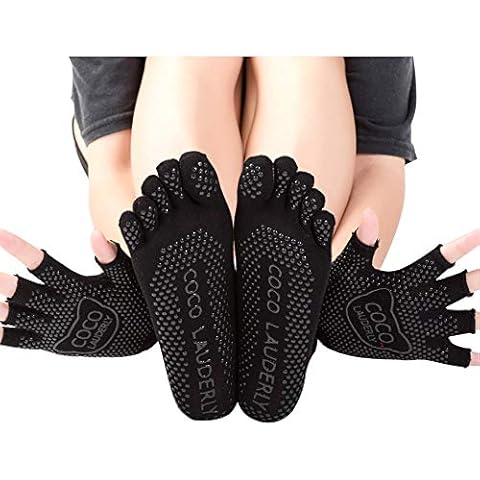 LORYLOLY Yoga Socks & Gloves Set Women 2 Set, Non Slip Anti Skid Grip Socks & Gloves, EU35-41/UK3-7.5, Breathable Cotton with Anti-Slip Silicone Surface for Yoga Pilates Fitness Dancing Barre Cover