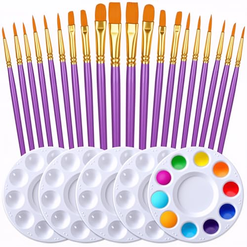 Paint Brushes Palettes Set by DUGATO, 20 Assorted Nylon Hair Painting Brushes with 5 Paint Trays for Acrylic Watercolor Oil Gouache Tempera and Body Painting (Purple)