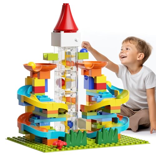 Electric Marble Run with Automatic Elevator Lift - STEM Building Toy for Kids Ages 4-8, 102 PCS Construction Set with 10 Marbles & Transparent Track, Compatible with Standard Building Blocks