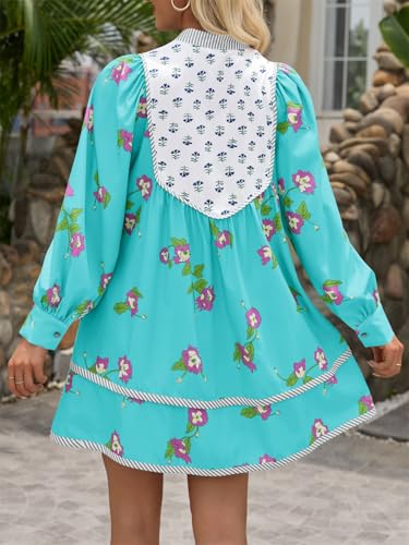 Image of Wenrine Womens Casual Floral Mini Dress Fall Long Sleeve V Neck Patchwork Loose Boho Shirt Dresses
