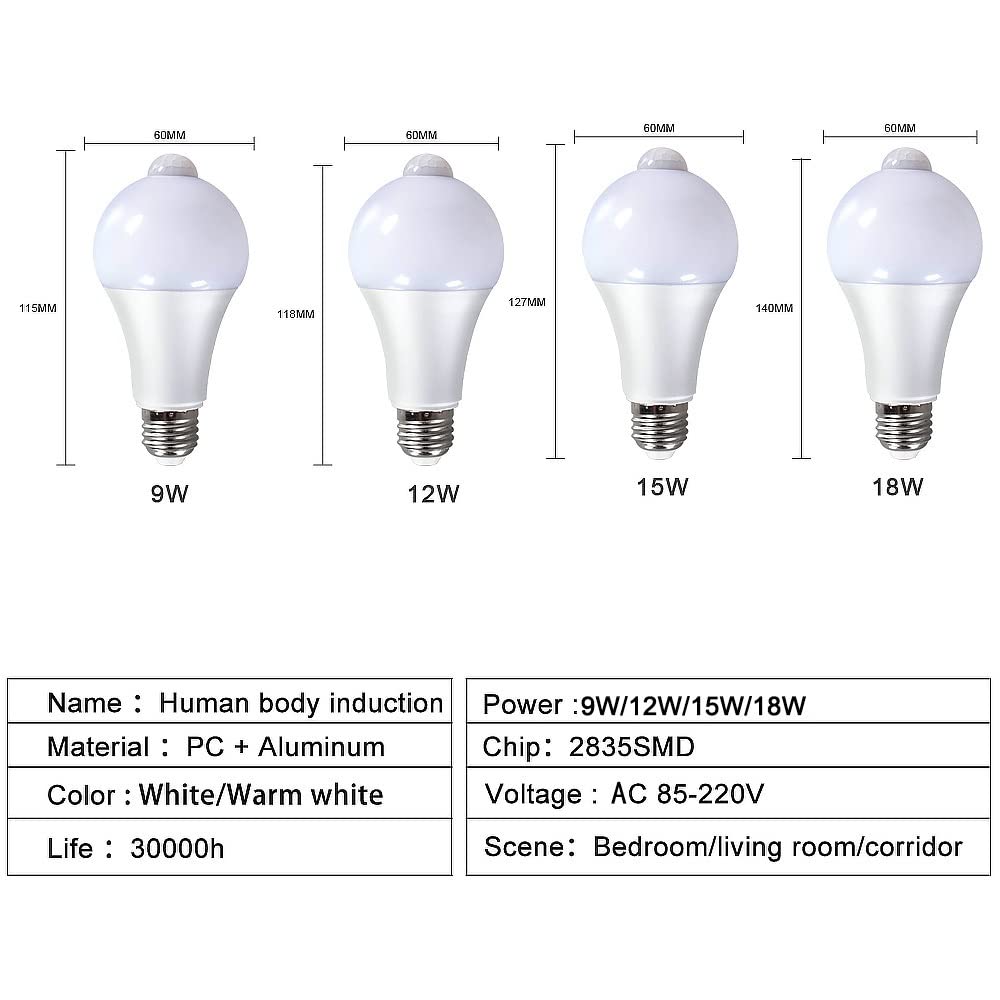 1fortunate Lights 1 0pcs AC85-220V 9W 12W15W LED PIR Bombilla de la luz del Sensor de Movimiento E27 Lámpara del Sensor del Detector del Bulbo Inteligente for el Puerco del hogar del Garaje del Patio