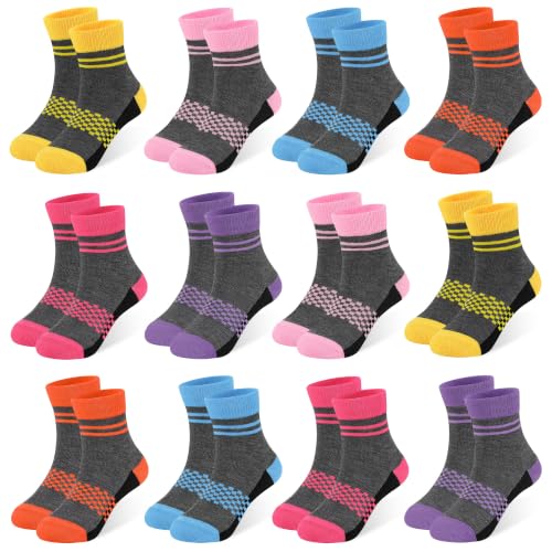 Image of 12 Pairs Girls Crew Socks,Kids Athletic School Socks Ages 2-14 | Fashion vibrant checkered patterns,perfectly fit school, sports, playdates and all daily occasions