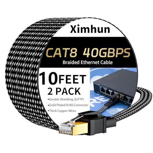 Ximhun Cat 8 Ethernet Cable 10FT 2Pack, High-Speed Braided Internet Cable Network Cord with RJ45 Connector 40Gbps 2000Mhz Heavy Duty LAN Cable Shielded Indoor by Ximhun - Used condition - US$9.09
