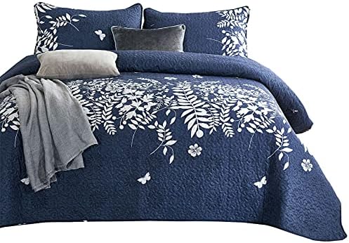 Wake In Cloud - Navy Blue Quilt Set, Gray Grey Floral Flowers Tree Leaves Modern Pattern Printed, Soft Microfiber Bedspread Coverlet Bedding (3pcs, King Size)