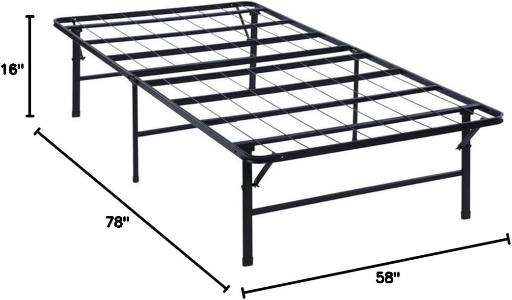 Pemberly Row Modern Metal Queen Mattress Support Frame, Black Powder Coated Finish, Heavy Gauge Steel Construction, Foldable Design, Platform Base for Mattress, Box Spring Replacement, 16" H x 58" W