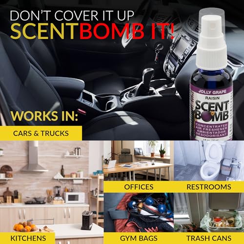 Image of Scent Bomb Air Freshener Spray, Long-Lasting Odor Eliminator - Effective Deodorizer for Home & Car, Fresh Room Spray for Kitchen, Bathroom & Smell Neutralizer - 1 oz Pack of 4, Jolly Grape Scent