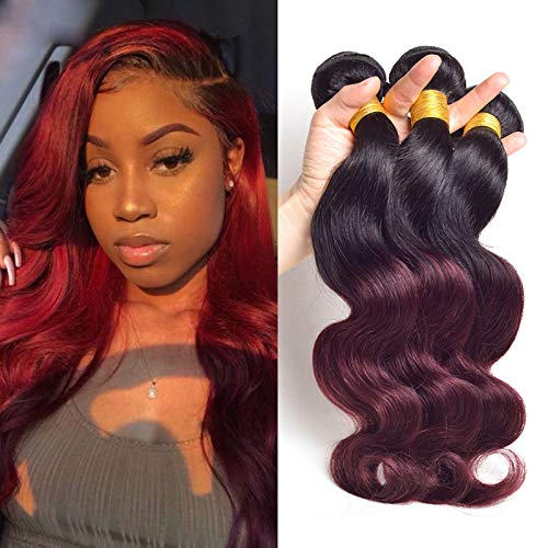 7A Grade Ombre Body Wave Hair 3 Bundles Ombre Human hair Burgundy Wavy Hair Brazilian Remy Hair Human Hair Weave Extensions 2 Tone #1B 99J Color 14 16 18 inches