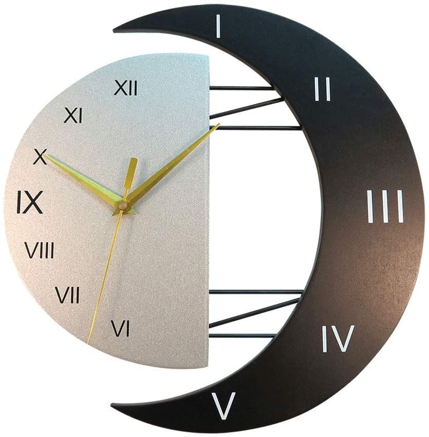 Orologio Da Parete Sole E Luna Silenzioso – Moderno Adesivo In Legno E Ferro – 33x33 Cm – Decorazione Per Casa, Ufficio E Hotel