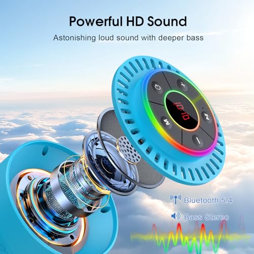 Image of Bluetooth Speaker, Shower Speaker IPX7 Waterproof, Speakers Bluetooth Wireless with Rich Bass, Portable Speaker with LED Light, Suction Cup,8H Playtime, for Bathroom Party Beach, Ideal Gifts, Blue