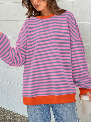 Image of PRETTYGARDEN Womens Striped Oversized Sweatshirt Color Block Crew Neck Long Sleeve Casual Loose Pullover Top Y2K Clothes