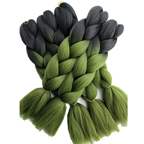 24Inch Black To Olive Green Two Tone Ombre Color Synthetic Braiding Hair Extensions Jumbo Braids Hair Bulk 5Packs/Lot For Crochet Twist Box Braiding Hair (Black Olive Green) #TOP4