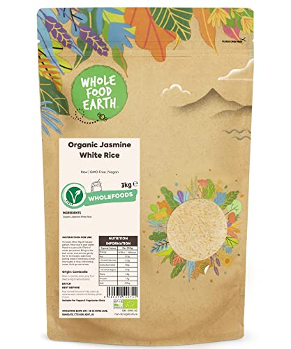 Wholefood Earth - Arroz jazmín blanco ecológico, 3 kg, crudo, sin transgénicos, vegano, fuente de fibra, con certificación ecológica
