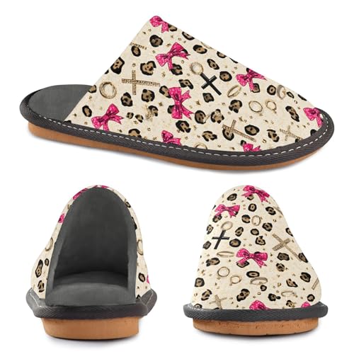 Slippers for Women Leopard Print Pink Bow Pattern Brown Soft Winter Warm Shoes Indoor Outdoor Non-Slip House Travel Slippers4