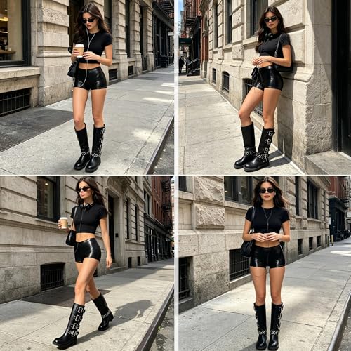 Image of AMINUGAL Knee High Boots Women Square Toe Pull On Wide Calf Riding Fashion Buckles Chunky Metallic Casual Vintage Buckle Rivet