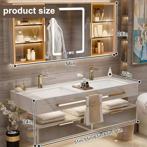 Modern Suspended Vanity with Sink, Wall-Mounted Bathroom Vanity with Quartz Countertop, No Assembly Required, Glass Included | LED Smart Demisting Mirror Cabinet, Sensor Light, Open Storage Shelves