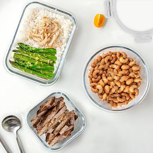 KOMUEE 30 Pieces Glass Food Storage Containers Set, Glass Meal Prep Containers Set with Snap Locking Lids, Airtight Glass lunch Containers, Microwave, Oven, Freezer & Dishwasher,White