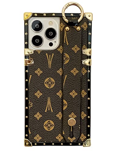 Trodino Square Leather Iphone 14 Pro Max Case With Wristband Strap, Luxury Designer Trunk Box Phone Case For Women Girls, Hand Holder Ring Kickstand Shockproof Protective Bumper Case 6.7” (Brown) #TOP1