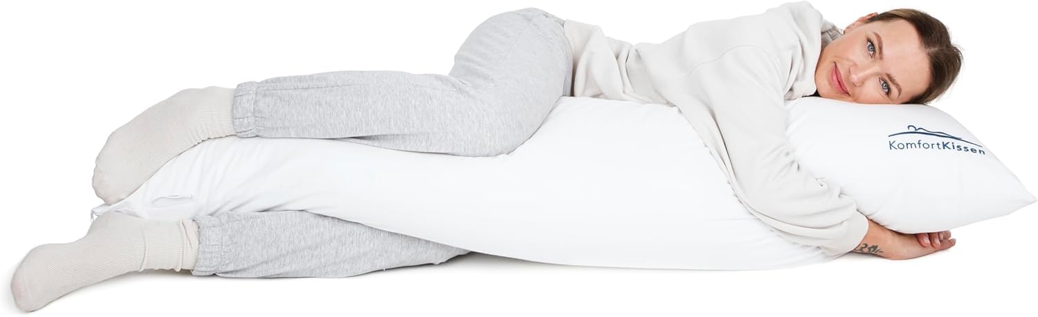 MKS Body Pillow 150 x 50 cm – Oreiller de Corps pour Adulte avec Housse en Coton – Traversin Plat et Coussin Long pour Lit – Idéal comme Coussin pour Dormir sur le Côté, Grossesse et Soutien – Blanc