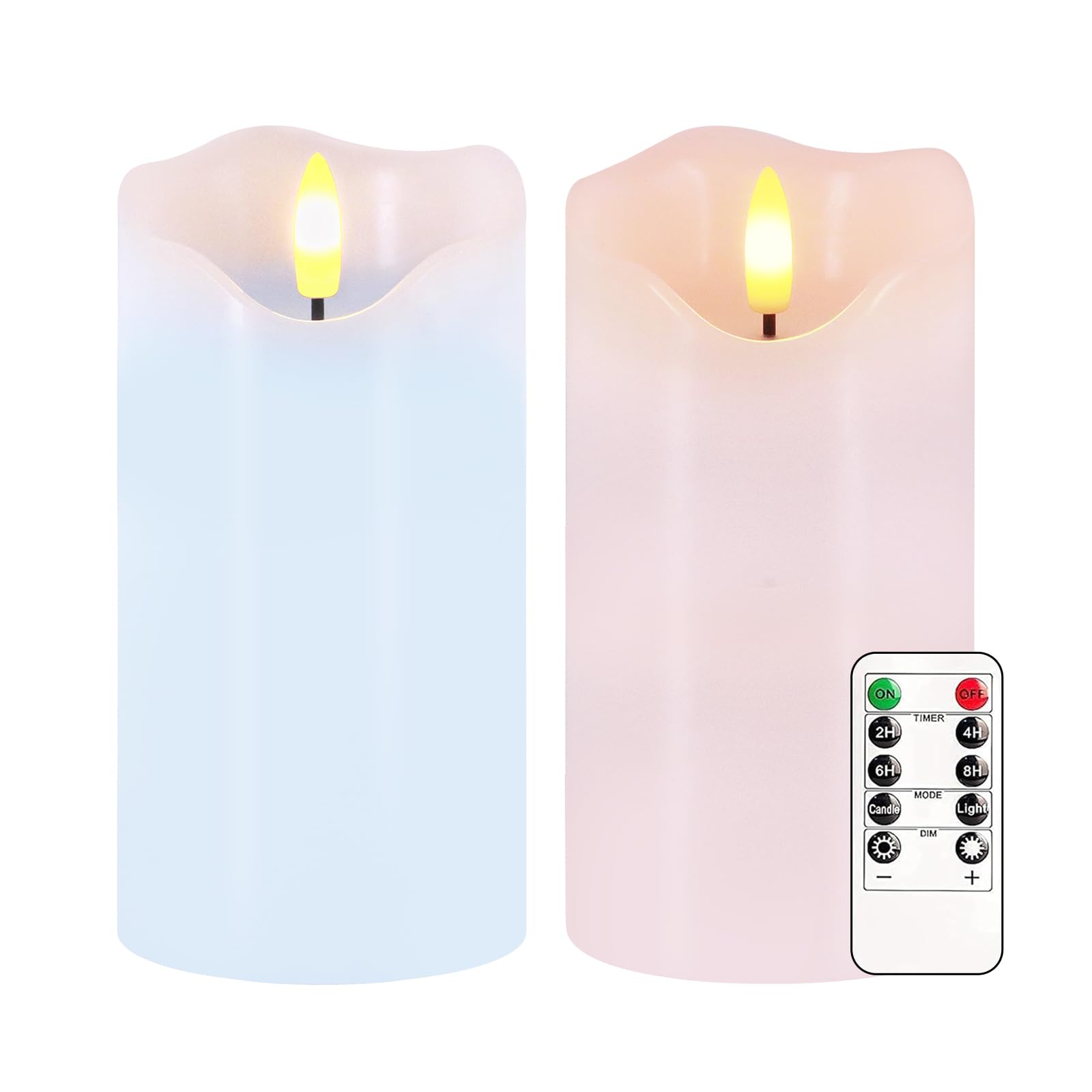 AVEKI Flameless Candle Light, Set of 2 6"x3" Flickering Christmas Flameless Candles with Remote & Timer, Dimmable Real Wax Pillar Candles Battery Operated, Decor for Home Xmas (Blue Pink)