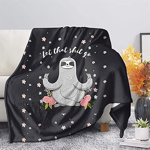 HUGS IDEA Sherpa Fleece Blanket, Cute Yoga Sloth Floral Black Flannel Soft Oversized Adults Throw Lightweight Cozy Plush Microfiber Bedspreads - XS Cover