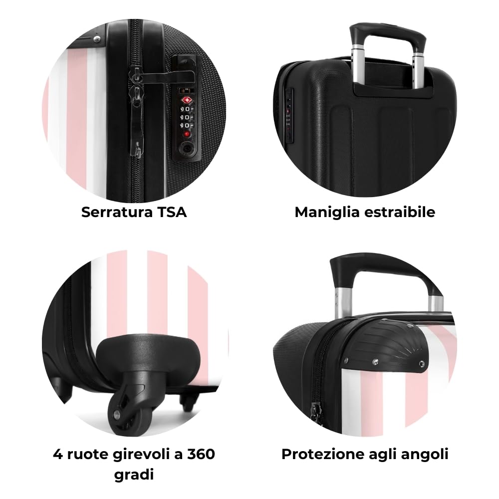 NoBoringSuitcases.com Valigia Bambini, Trolley Bambina, Valigia Per Bambini, Trolley Bagaglio a Mano 55x40x20 cm, Valigia Personalizzabile, 55x40x20 cm (Strisce Rosa e Bianche - Verticali)