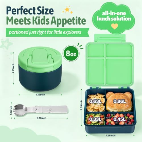 Image of MAXSO Bento Lunch Box Set for Kids with 8 oz Soup Thermo, Leakproof Hot Food Container with 4 Compartments, Insulated Food Jar for Toddler Daycare Boys Girls School - Green