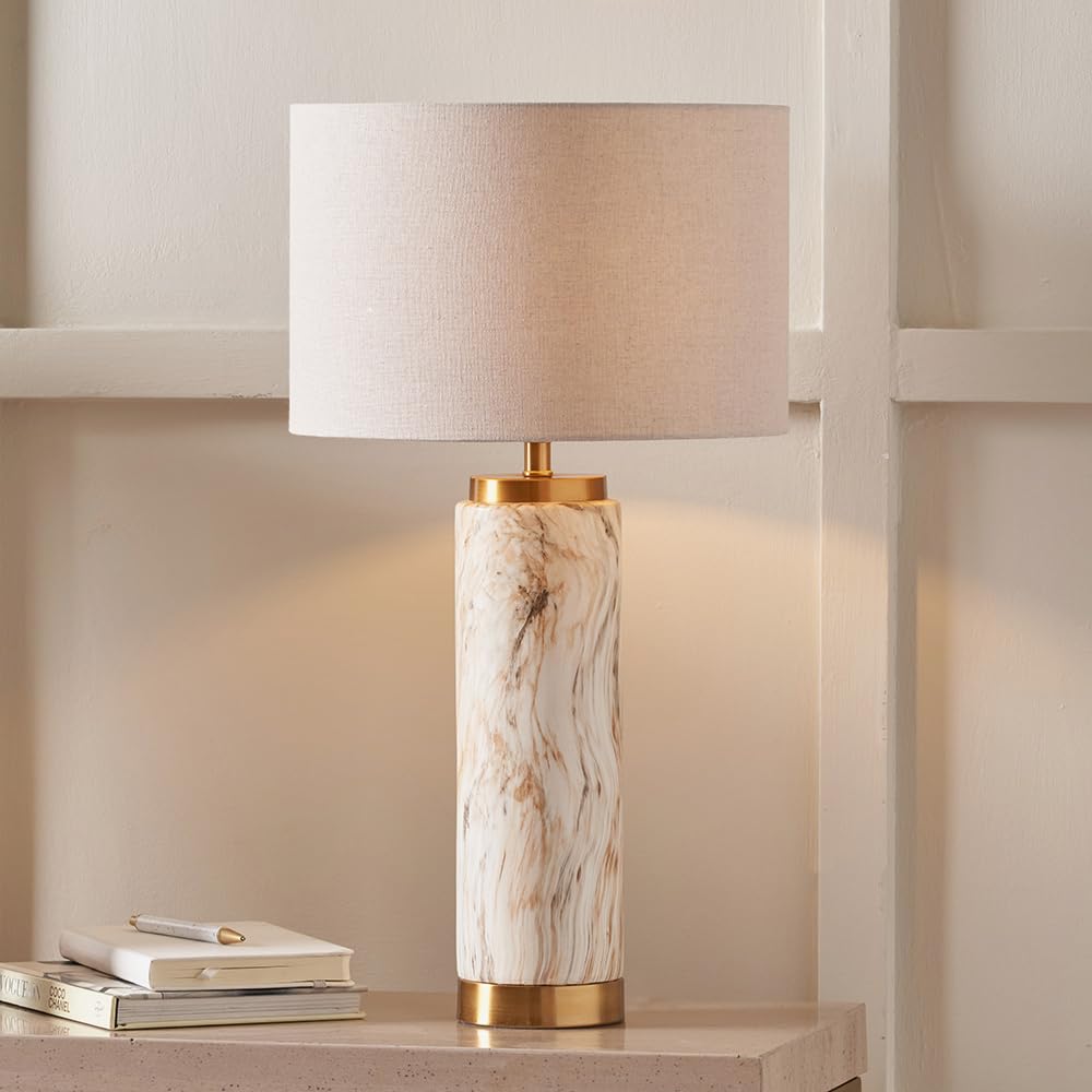 Pacific Lifestyle Natural Stone Effect Ceramic Table Lamp | Marble Effect Brown Lamp with Cream Shade | Elegant Art Deco Bedside Table Lamps (W30xD30xH55cm)
