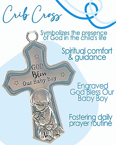 Image of elskandi Crib Cross God Bless This Baby Boy Wall Art for Nursery - Baptism Gifts for Baby Boys Christening Gifts for Boys Baptism Baby Dedication Gift
