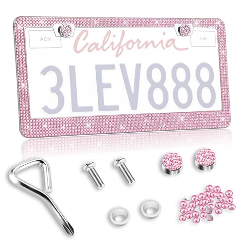 LevChall 1 Pack Bling License Plate Frames Bedazzled Sparkly Cute Water Diamond Stainless SteelCar Accessories with Diamond Sparkle Glitter CapsSuitable for Both Men and Women(Pink)