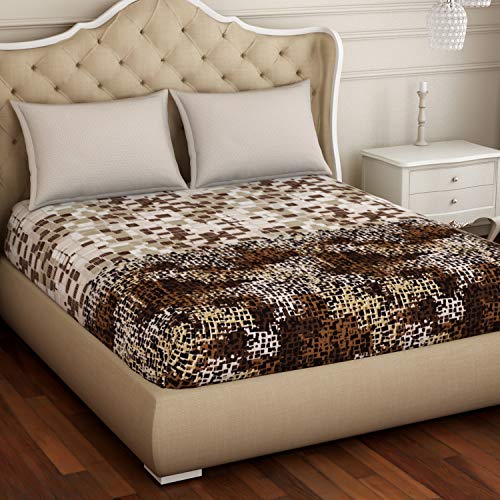 Image of Spaces Atrium Plus 210 TC 100% Cotton Queen Size Fitted Double Bedsheet with 2 Pillow Covers (Abstract, 60 inch X 78 inch Inches ) - Brown