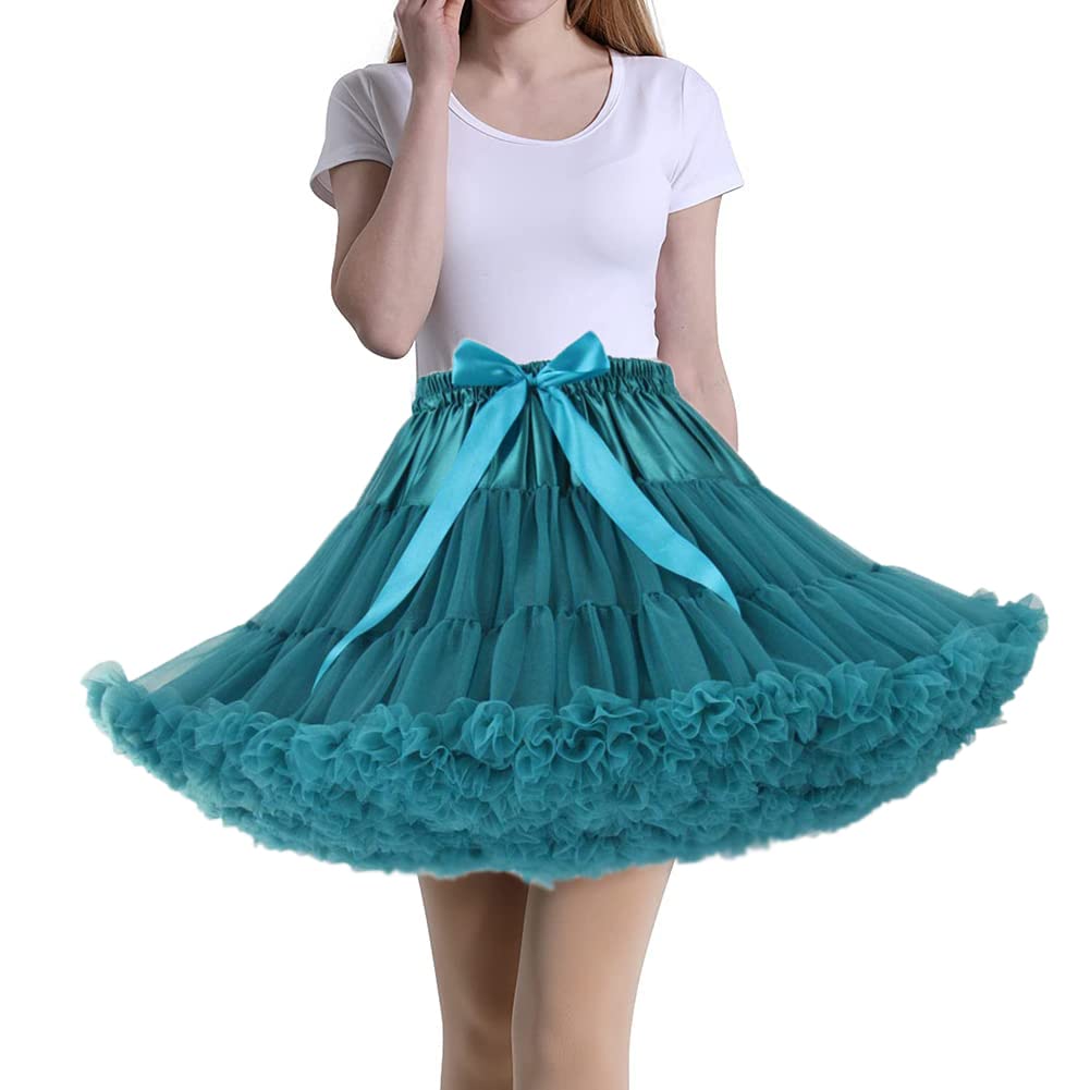 Tmade Women's Tulle Petticoat Tutu Party Multi-Layer Puffy Cosplay Skirt, PeacockBlue, Length 40cm, Waist 56-100cm