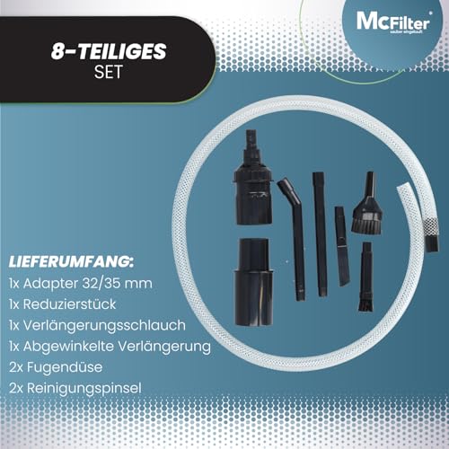 McFilter I Universal Staubsaugerdüsen-Set, 8-teilig, Ø 32/35 mm I Reinigungsset Mini mit Fugendüse, Staubpinsel, Möbelpinsel, Schlauchverlängerung für Hobby, Computer, Auto, Modellbau, PC