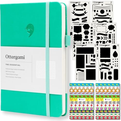 Ottergami A5 Notitieboek met Stippen Luxe Veganistisch Bullet Journal met 100 g/m² Papier, Inclusief 140 Stickers en 6 Stencils voor Creatieve Planning, Notities, To-Do Lijsten en Scrapbooking