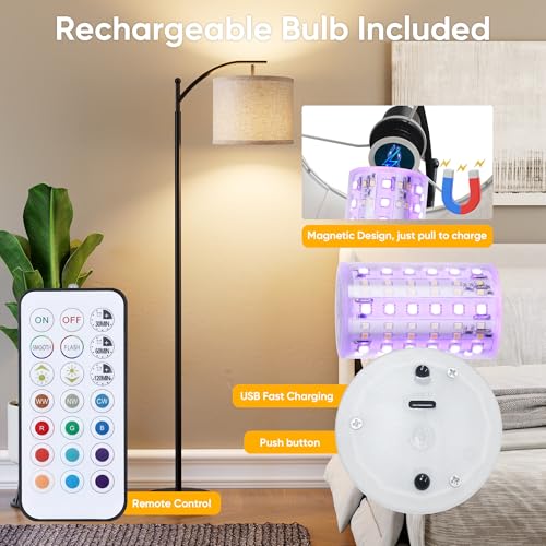Image of Battery Operated Floor Lamp, RGB Dimmable Cordless Standing Lamp with Remote Control for Living Room, Tall Floor Lamp for Bedroom -Black