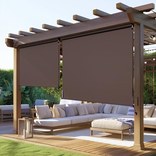 Outdoor Roller Shade (10'W X 8'H) 420GSM New Material with 95% UV Protection, Cordless Aluminum Patio Shade with Crank Handle, Outdoor Patio Blinds for Shading, Privacy Protection, Brown