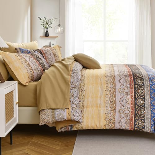 Image of Cottolester Boho Full Comforter Set 8 Pieces,Yellow Bohemian Striped Bed in a Bag,Paisley Soft Microfiber Bedding Comforter Set