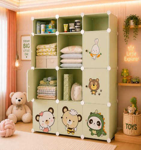 Image of Plastic Wardrobe for Clothes | Plastic Almirah for Kids | 9-Cube Baby Cupboard for Clothes Storage | Portable Collapsible Wardrobe | DIY Kids Almirah for Bedroom - Cute Animal Print