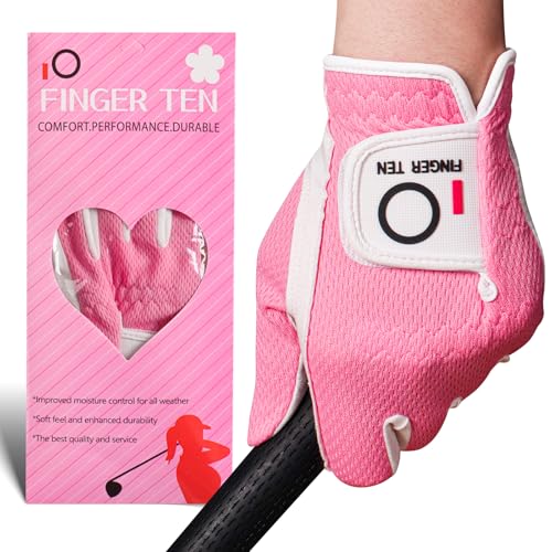 FINGER TEN Womens Golf Glove Right Handed Golfer Left Hand 1 Pack Golf Gloves Rain Grip Hot Wet All Weather Mesh for Women Girls Ladies Small Medium Large (Rose, Medium (Worn On Left Hand))