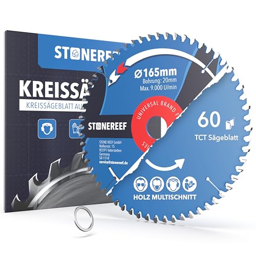 Kreissägeblatt 165 x 20 mm für Holz & Kunststoff - Sägeblatt 60 Zähne Bohrung 20 mm + Adapterring 16 mm - für Handkreissäge Akku-Kreissäge & Tischkreissäge