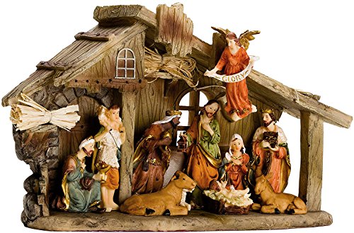 BRUBAKER Christmas Real Life Nativity Scene Set - Holiday Decoration - Stable with 11 Resin Figurines (not re-arrangeable) - Designed in Germany - Revised Package