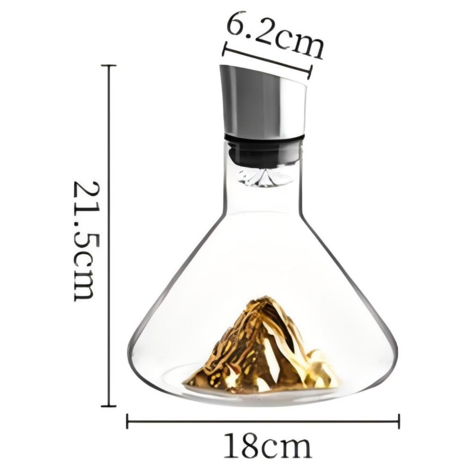 Carafe à Décanter en Verre Cristallin, 1500ml, avec Base Montagne Dorée, Filtre en Acier Inoxydable, Effet Cascade, 21.5x18cm