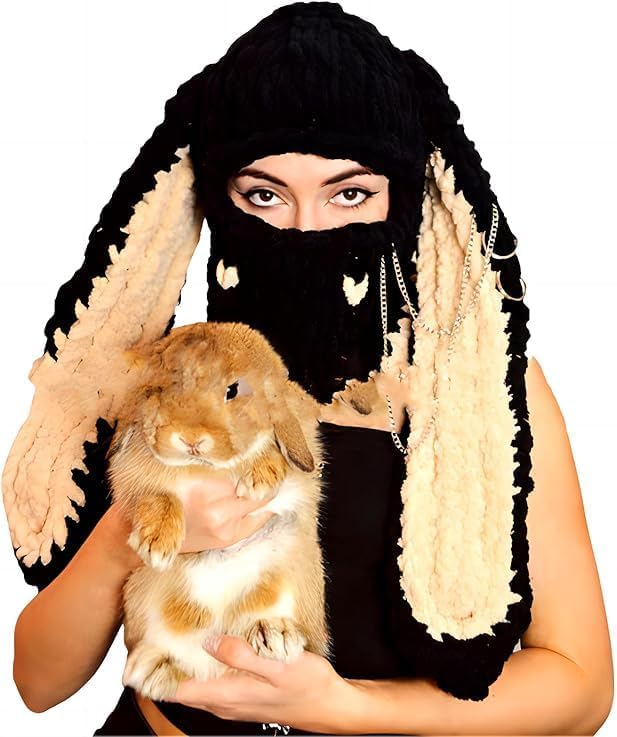 New Bunny Ear Ski Mask Beanie - Wool Long Ear Mask Headwear