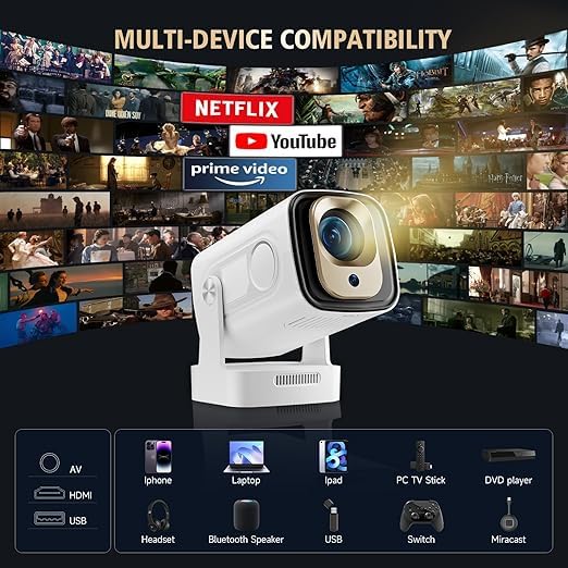 Diagram illustrating multi-device compatibility of the HY260 PRO Projector with various devices like phones, laptops, gaming consoles, and streaming services.