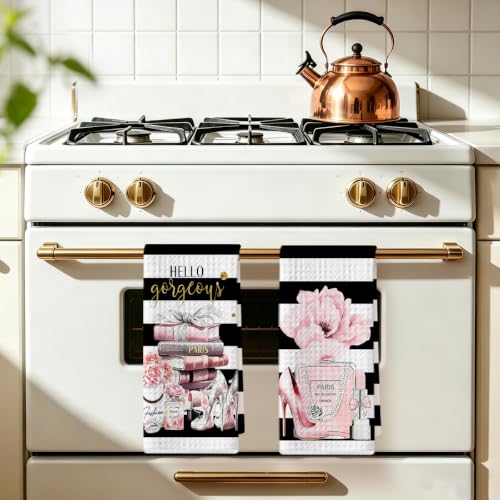 Image of 2 Pcs Black White Hand Towels, Perfume Flower Decor Reusable Dish Towels | Fashion Gifts for Women Girls Mom Friend, Waffle Weave Microfiber Towels for Bathroom Home Decor 24x14 Inch
