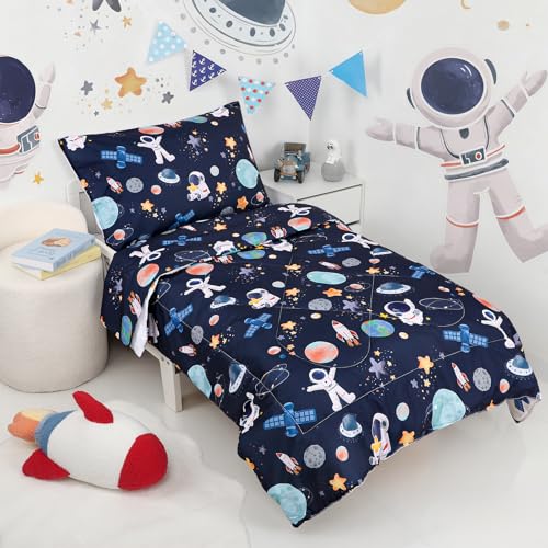 Image of 4 Piece Toddler Bedding Set, Ultra Soft and Breathable Cartoon Space Toddler Comforter Sets for Boys Includes Quilted Comforter, Fitted Sheet, Flat Sheet and Pillowcase