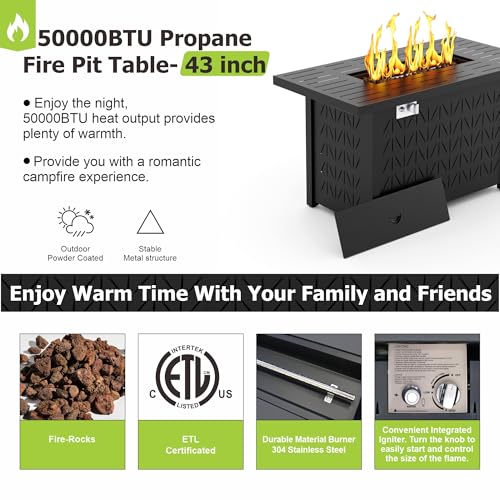SUNPEAK 43 Inch Rectangular Propane Fire Pit Table for Outdoor Patio – 50,000 BTU Gas Firepit with Lid, Cover & Lava Rocks – Metal Fire Table with Hidden Tank Storage (Black, 43" Rectangular)
