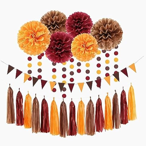 Brown Burgundy Orange Party-Decorations - 23pcs Fall Autumn Thanksgiving Harvest Paper Tissue Pom Poms Streamers,Rustic Boho Wedding Tassel Garland Banner,Birthday Baby Shower Decor Lasting Surprise Cover