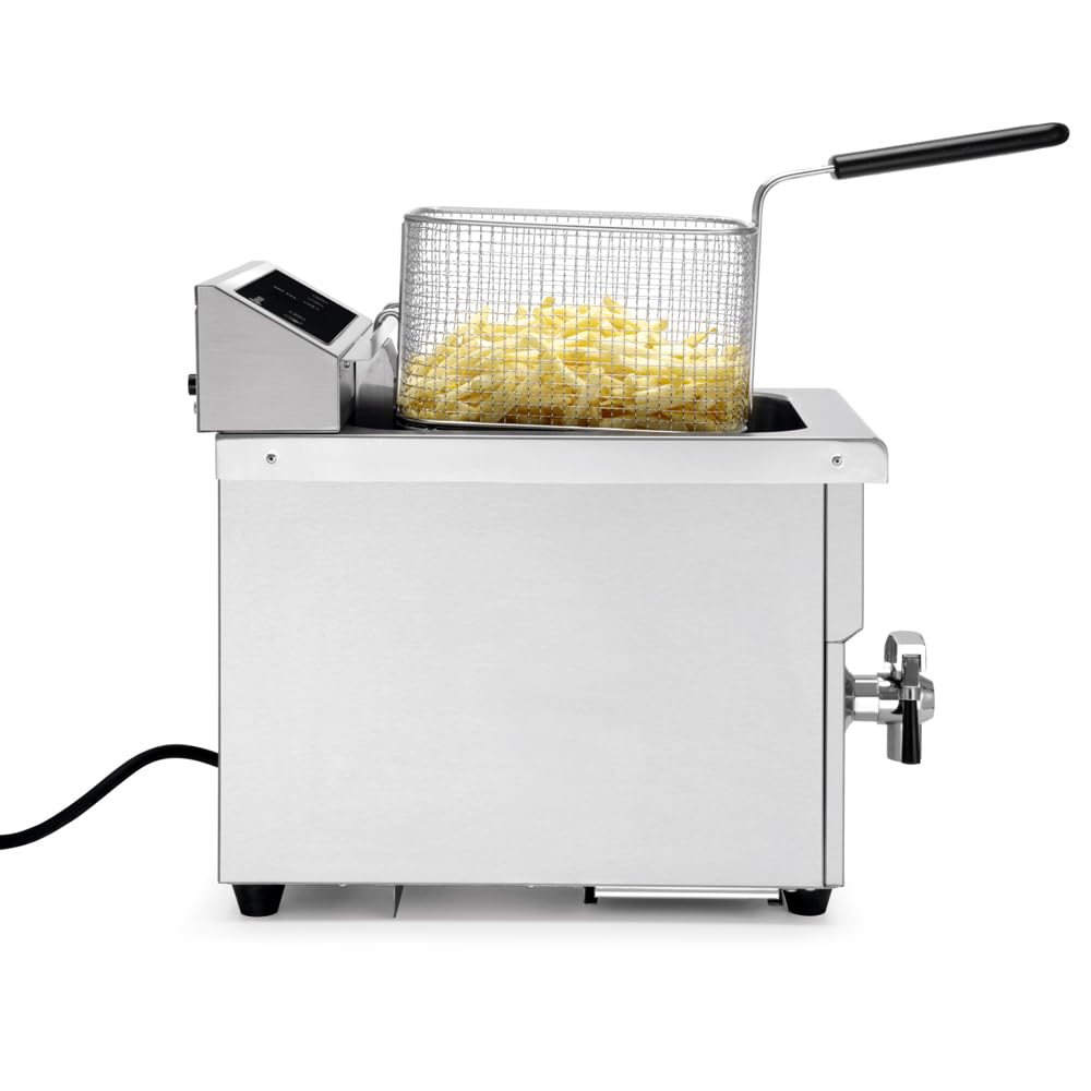 MBH - Friggitrice a Induzione Digitale Professionale da Banco 8 Litri in Acciaio Inox con Rubinetto di Scarico, Ideale per Cucine Professionali di Ristoranti.