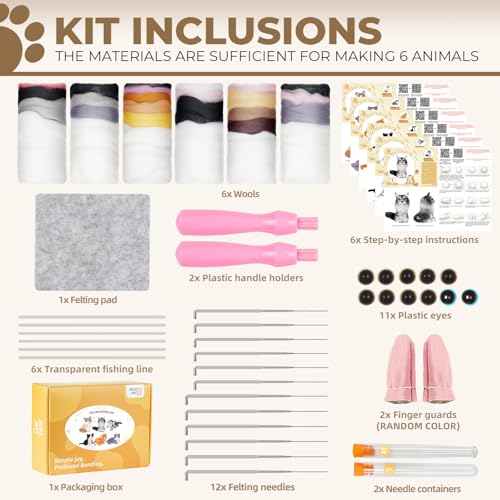 Image of MOREJMTT Needle Felting Kit, 6 PCS Animal Needle Felting Beginner Kits, Wool Felt Needle Felting Tools Foam Pad, Craft Party Supplies for Beginners Adult(Cat Family)